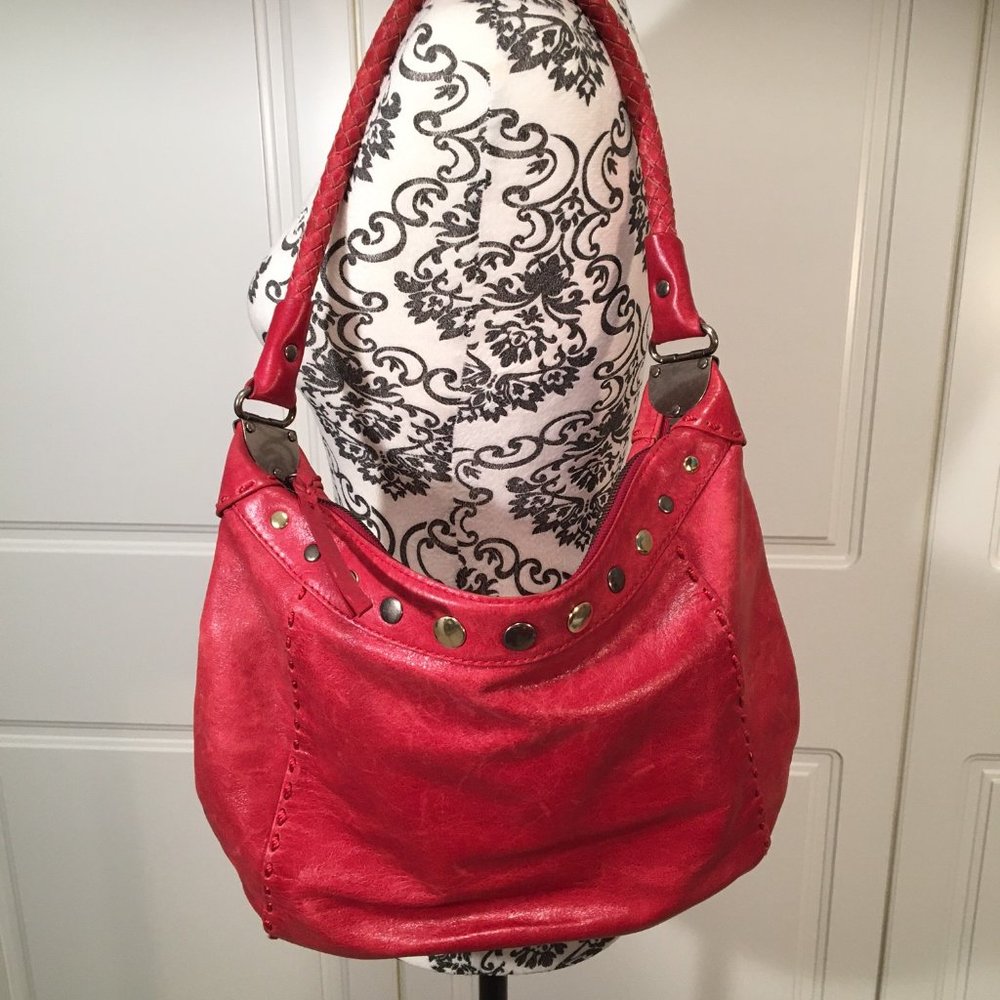 THE SAK red leather shoulder bag with woven strap